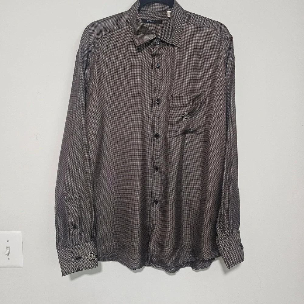 Gucci Mens Silk‎ Button Down Shirt 43/17 Brown Micro Dot GG Logo Pocket Italy